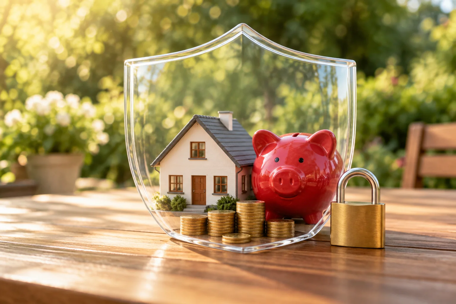 Casa e reserva financeira protegidas por um escudo e um cadeado