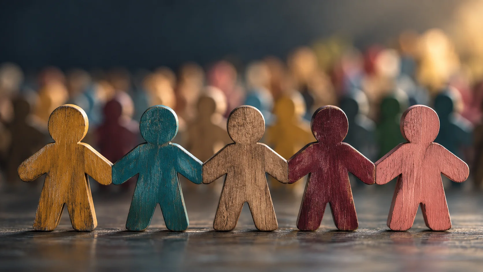 Figuras de madeira coloridas unidas, representando equidade e continuidade familiar