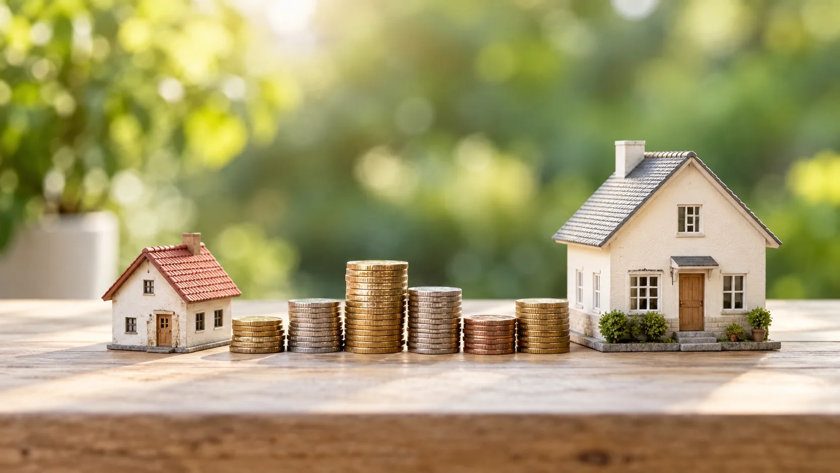 Casas de diferentes tamanhos e reservas financeiras representando equilíbrio patrimonial