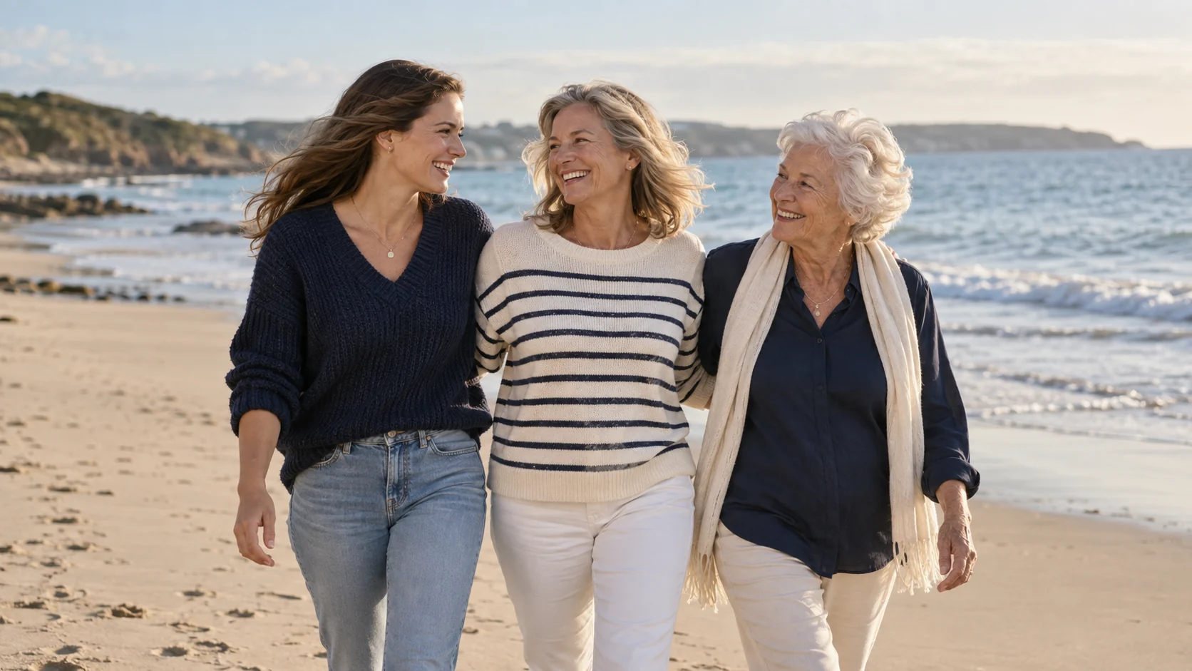 Três gerações de mulheres caminhando juntas e representando continuidade familiar