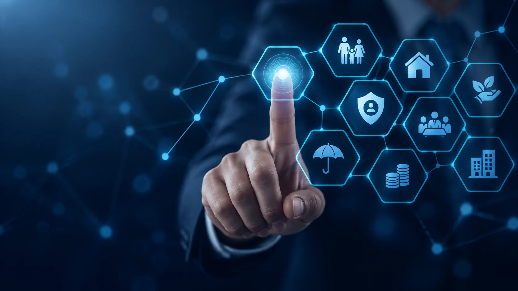 Mão acessando uma rede digital de proteção, governança e continuidade