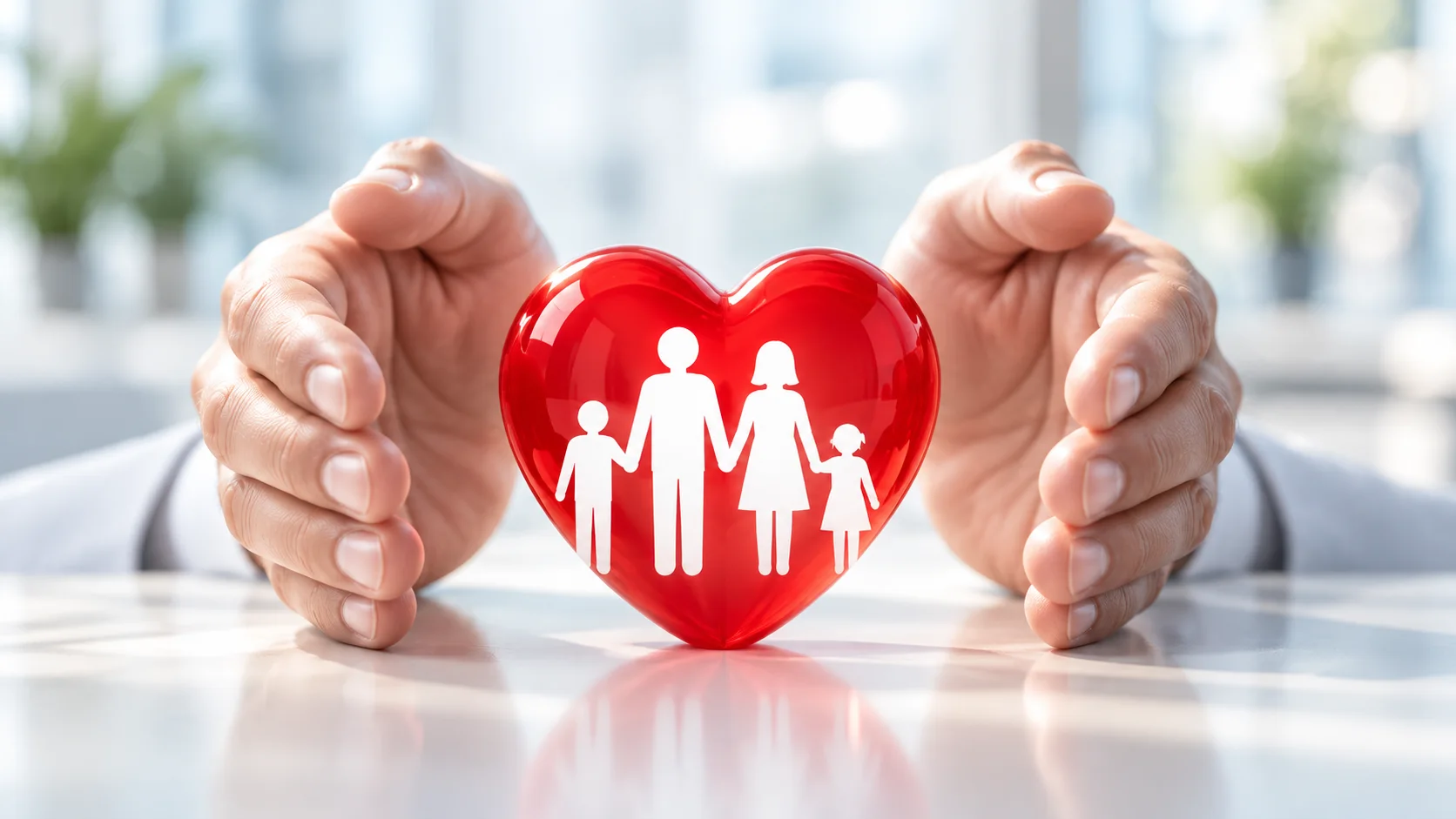 Composição ilustrativa de mãos protegendo um coração com uma família