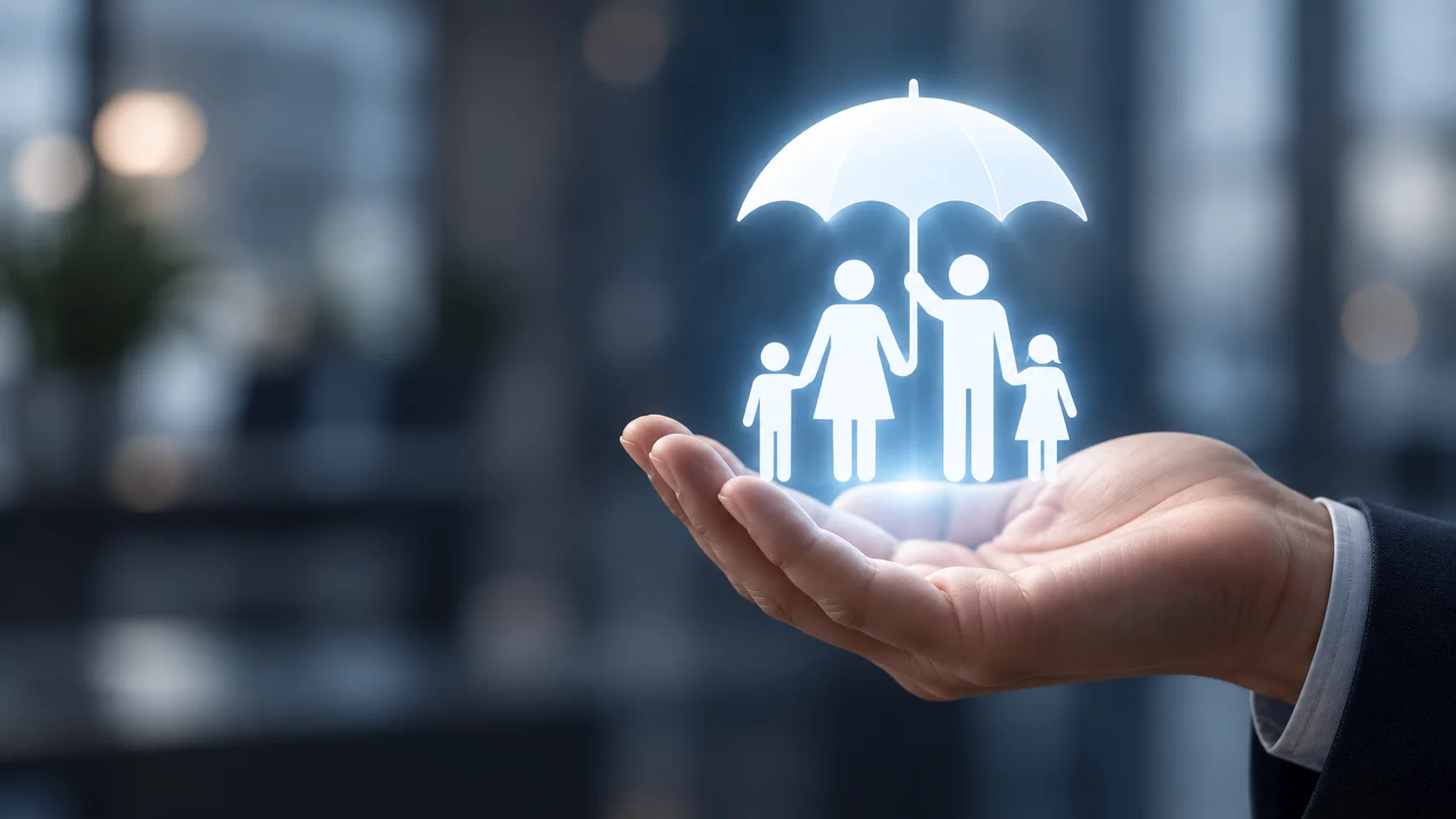 Mão sustentando uma família protegida por um guarda-chuva luminoso