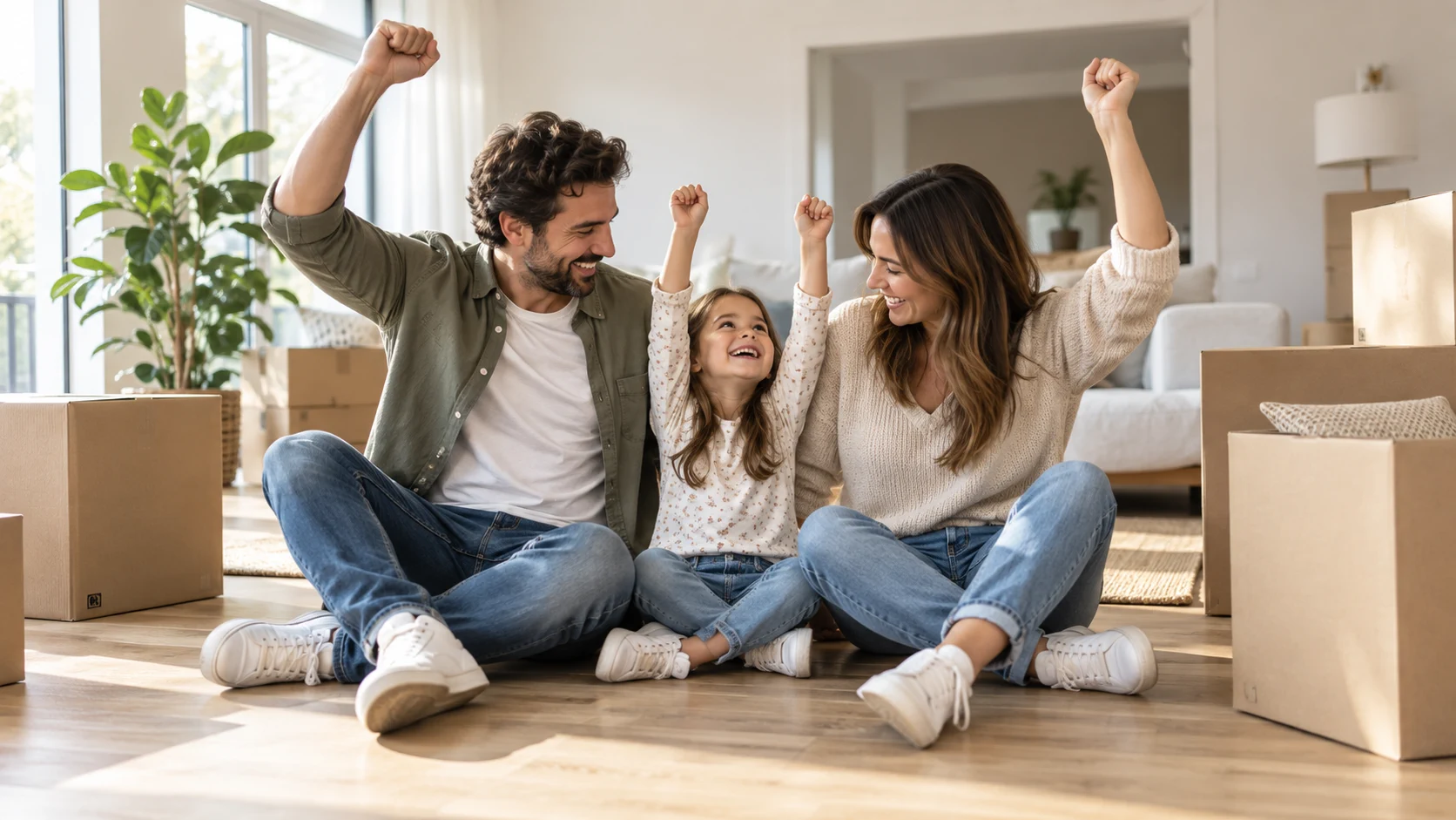 Família celebrando uma nova etapa em sua casa, cercada por caixas de mudança