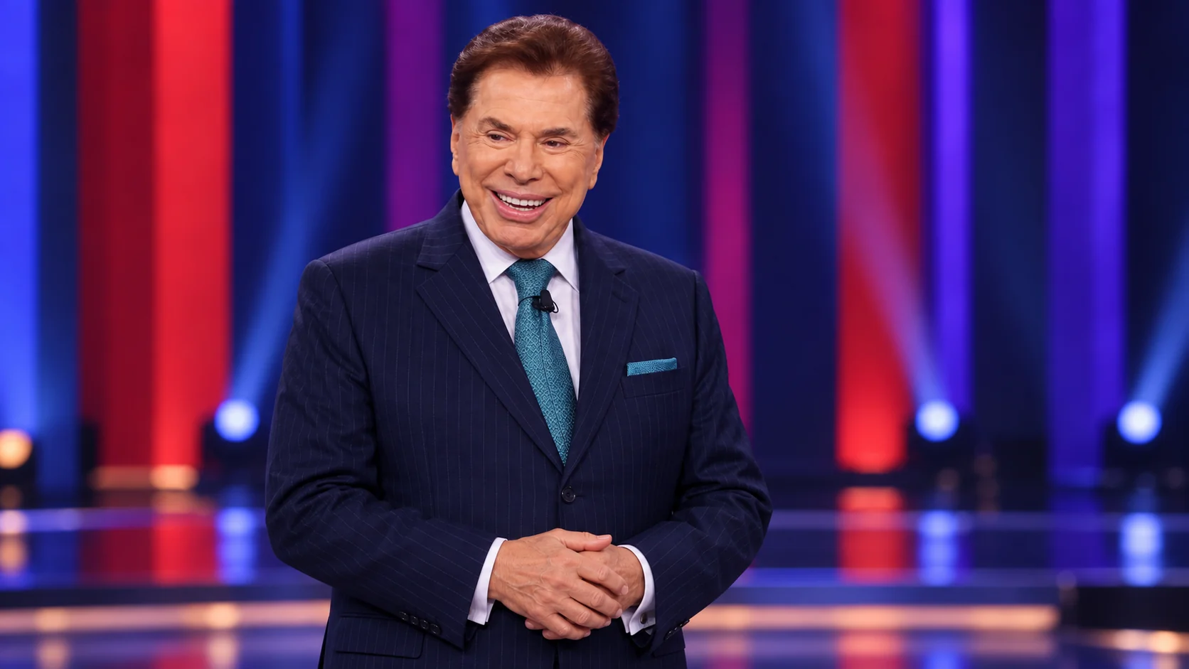 Retrato editorial ilustrativo de Silvio Santos em um palco de televisão