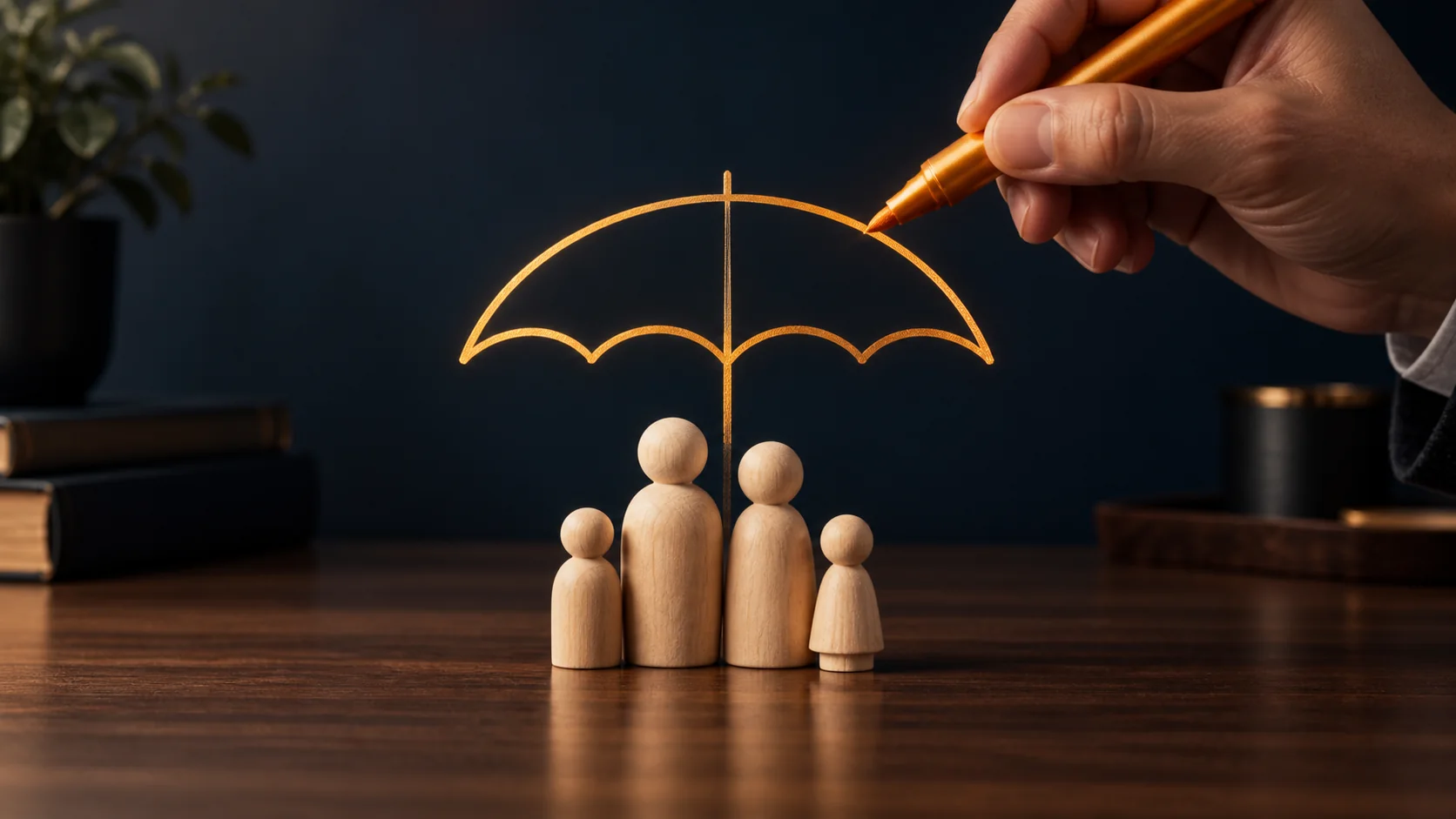 Família representada por figuras de madeira protegida por um guarda-chuva desenhado