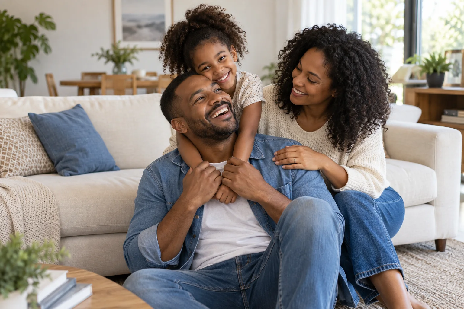 Família reunida em um momento de tranquilidade e proteção