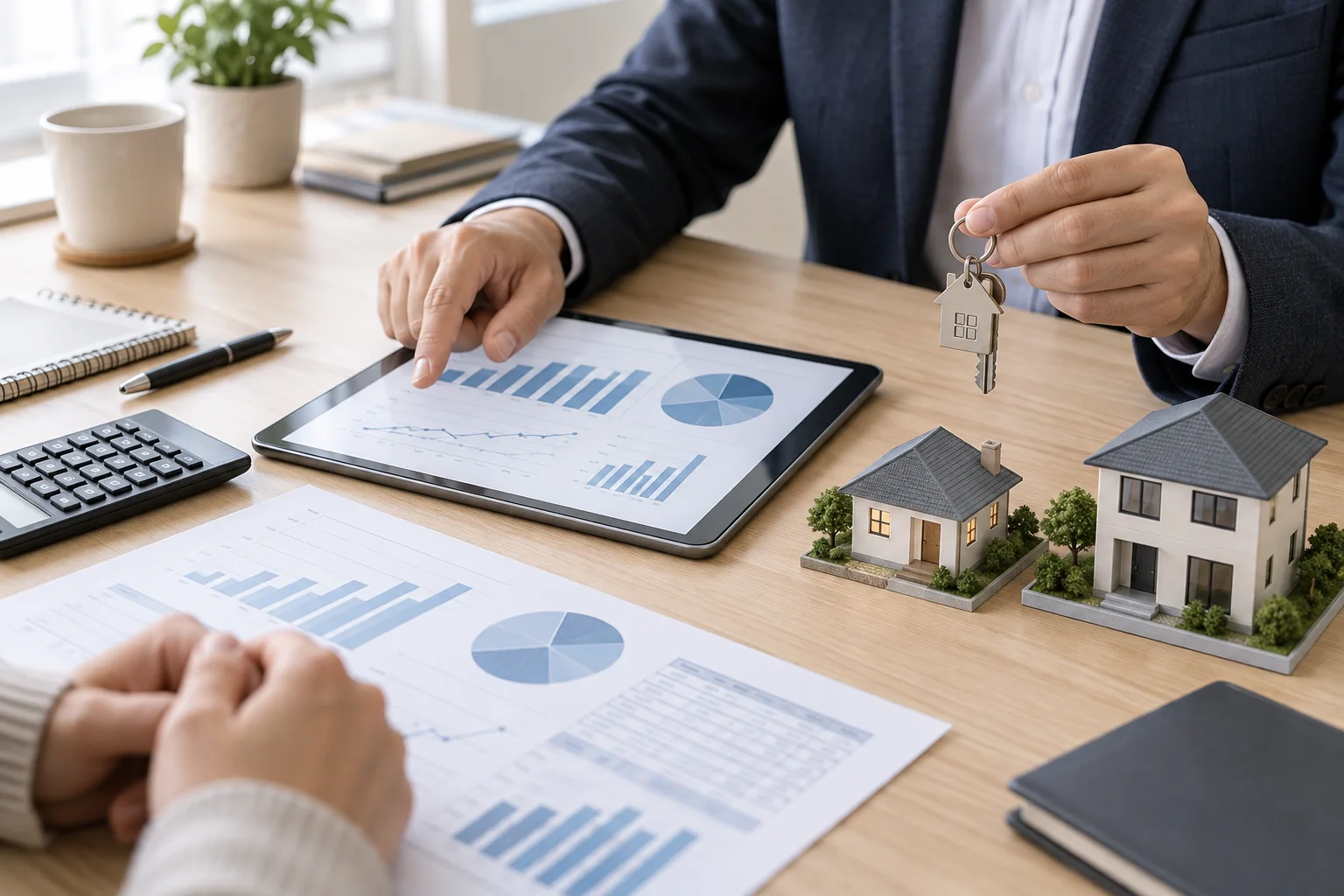 Análise de um estudo patrimonial com imóveis, gráficos e documentos